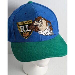Vintage 90s Looney Tunes Taz Australian RL Snapback Hat Cap Blue Green Licensed